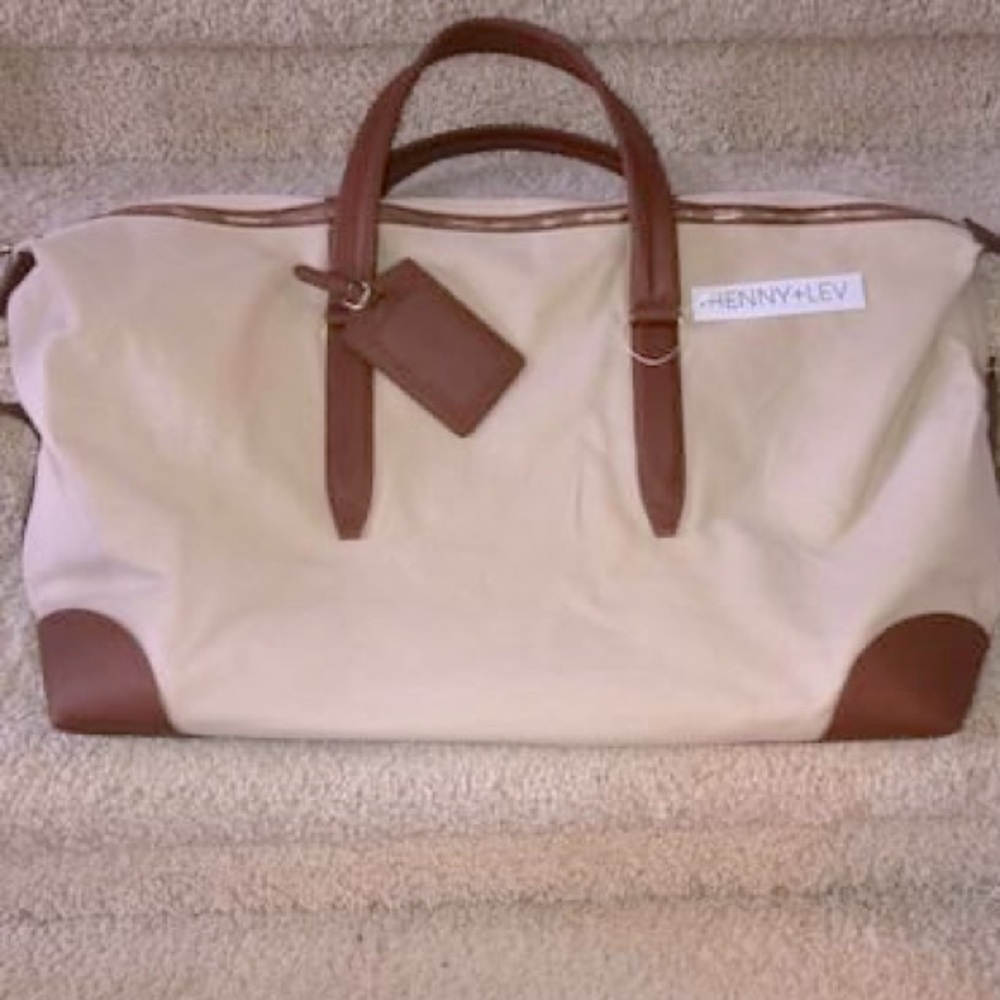 Henny + Lev Overnight Duffle Bag Cream Canvas Brown Faux Leather Trim Vegan